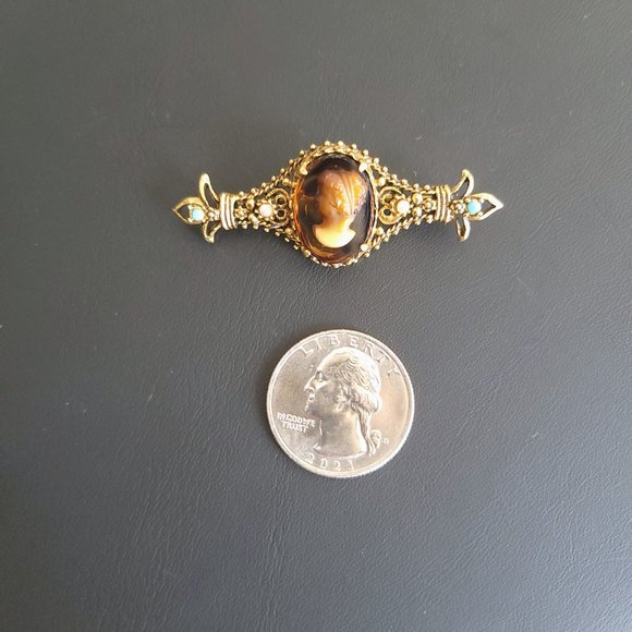 Vintage Florenza Signed Cameo Bar Pin, Victorian Revival Style Brooch - Picture 7 of 9
